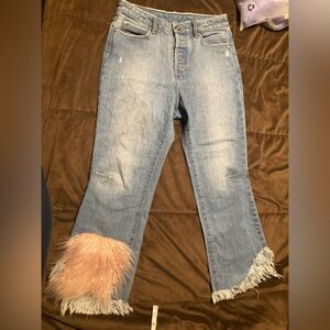 Tortoise Denim brand, size 28, made in USA,Stylish Blue Jeans with Pink Fur Trim